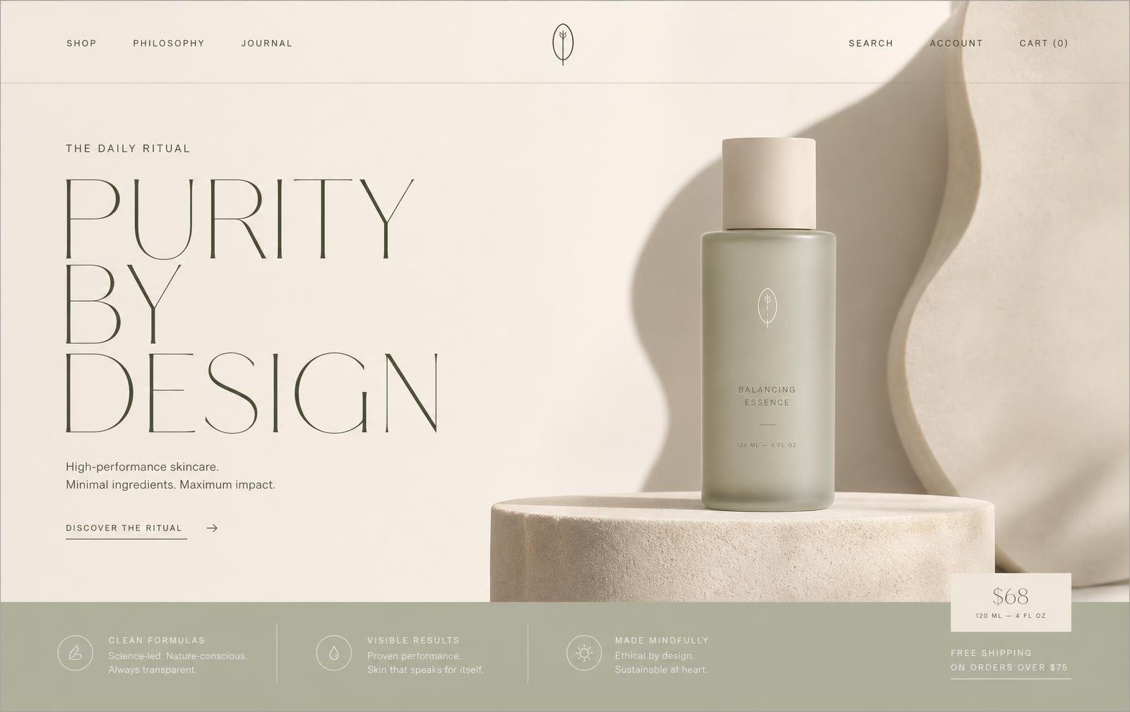 Ontwerp voor een skincare merk: product op sokkel met sculpturale schaduw